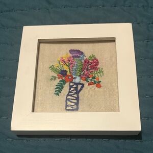Floral Embroidered Art in White Frame
